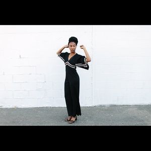 Vintage wide leg navy jumpsuit with tan stripes